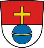 Schwabmünchen – Geteilt von Rot und Silber; darauf ein Gemarkungszeichen in Form eines blauen Reichsapfels mit goldenem Kreuz und goldenem Reif