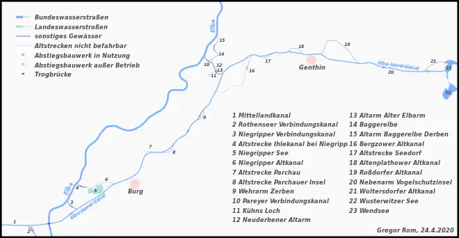 Verlauf des Elbe-Havel-Kanals und seiner Nebenwasserstraßen