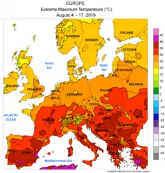 Höchsttemperatur 4. – 17. August 2019(lila > 40 °C, rot > 30 °C; NOAA-NWS-CPC)