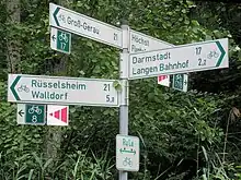 Radwegweiser mit Kennzeichnung von Themenrouten in Südhessen