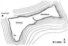 Schematischer Plan der vorgeschichtlichen Wälle auf dem Plateau des großen Kordigast und des vorgelagerten Grabhügels
