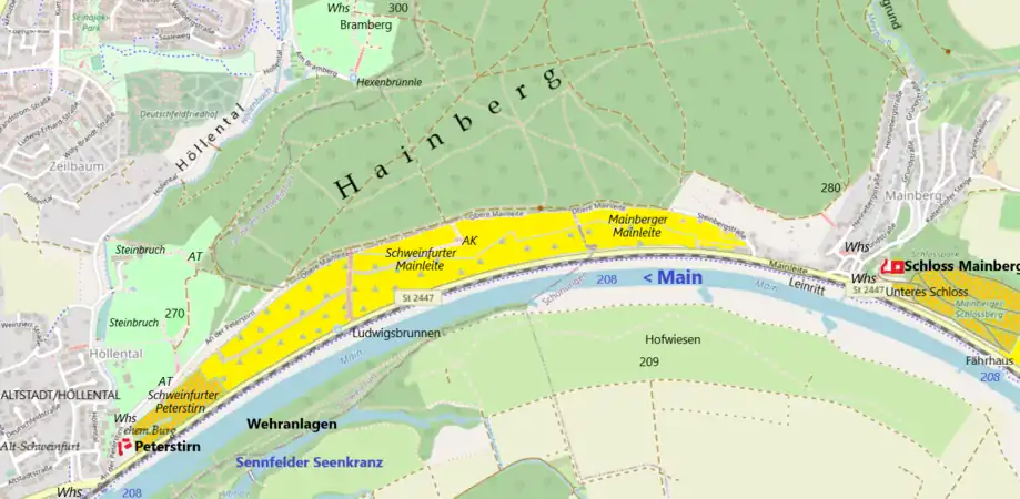 Weinberge (ocker), Weinberge bis Mitte 20. Jahrhundert (gelb), Weinberge in historischer Zeit (hellgrün)