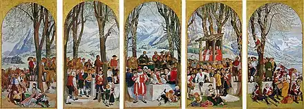 Die Landsgemeinde, Gemälde von Albert Welti (1862–1912), 1910/12, fünf Felder, je 273 × 144 cm, Guache auf Papier auf Leinwand, Kunsthaus Zürich, Eigentum der Schweizerischen Eidgenossenschaft. Das Original befindet sich im Ständeratssaal in Bern.