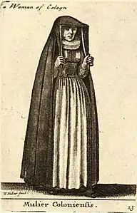 Eine Heuke mit Drahtgestell am Kopf. Kölnerin (Mulier Coloniensis)
