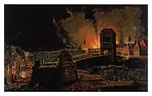 Beschießung der Stadt und brennende Vorstadt beim Abzug der Franzosen in der Schlacht bei Hanau (Nacht vom 30. auf den 31. Oktober 1813).