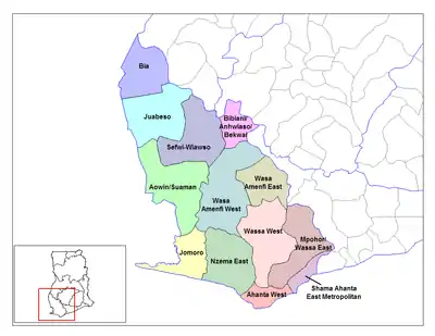 Lage des Distrikts Ahanta West innerhalb der Western Region