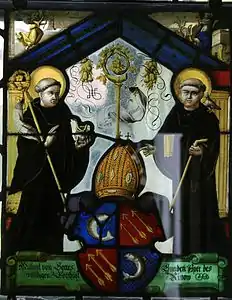 Benedict mit Abtstab und Giftglas mit Fintan mit Stock, Buch und Taube (1560)