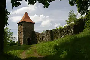vor die Mauer der Burg vorspringender Torturm, Burg Wiedersberg, Sachsen