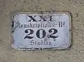Altes Hausnummernschild XXI. Konskriptions-No. 202 Stadlau