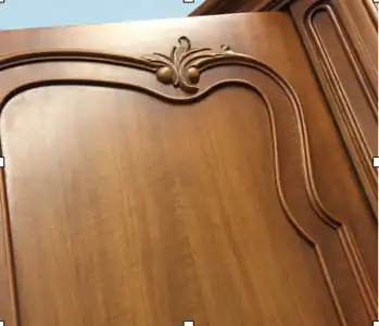 Schranktür Chippendale, 1960&nbsp;–Neuzeitliche Konstruktion aus vollflächig furniertem Holzwerkstoff (Sperrholz oder Spanplatte) mit applizierten geschweiften Profilen und Schnitzereien zur Andeutung des stilgemäßen Bildes von Rahmen und Füllung.Vorteil: Formstabilität bei Wechsel der Luftfeuchtigkeit.