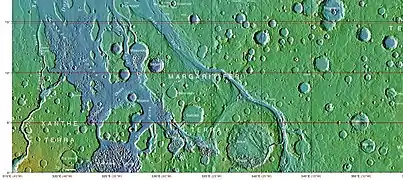 Topografische Karte von Oxia Palus, die unter anderem Aram Chaos zeigt.