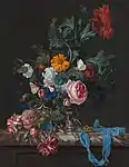Blumen in einer silbernen Vase mit Uhr, 1663, Öl auf Leinwand, 62,5 × 49,0 cm, Mauritshuis, Den Haag