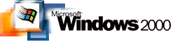 Schriftzug „Windows (R)“ (Fettdruck, serifenlos), gefolgt vom Zusatz „2000“ (Normaldruck), über dem „W“ klein geschriebener Schriftzug „Microsoft (R)“ (ähnlich dem Design von „Windows 95/98“), im linken Bildteil (teilweise vom Schriftzug überlagert) vier stilisierte übereinander liegende dreidimensionale Fenster, das große Fenster im Vordergrund mit einem wehenden bunten Windowslogo darin