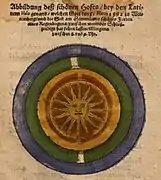 Altkolorierter Holzschnitt eines Halo oder einer Korona über Wittenberg am Sonntag Lätare (5. Märzjul. / 15. März 1592greg.)