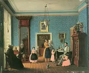 Bürgerliche Familie im 19. Jahrhundert: Eduard Gaertner: Wohnzimmer der Familie Hausschild, Gemälde&nbsp;(1843)