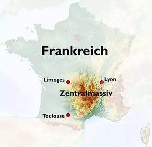 Lage des Zentralmassivs in Frankreich