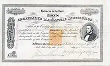 Aktie der Zion’s Co-Operative Mercantile Institution, ausgestellt am 1. Februar 1873 in Salt Lake City, Utah Territory, im Original unterschrieben von Brigham Young als Präsident