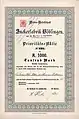 Zuckerfabrik Böblingen, Aktie vom 1. Januar 1863, ausgestellt auf Frau Emma Cloß geb. Knorr in Heilbronn, Ehefrau von Friedrich Cloß. Originalunterschrift des Fabrikdirektors Friedrich Cloß