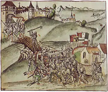 Bürgermeister Rudolf Stüssi aus Zürich verteidigt allein die Sihlbrücke bei St. Jakob, nach der Chronik des Alten Zürichkriegs von Werner Schodoler (1514)