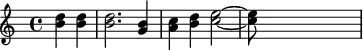 {\time 4/4 \skip2 <b' d''>4 <b' d''> <b' d''> 2. <g' b'>4 <a' c''> <b' d''> <c'' e''>2~<c'' e''>8 \skip8 \skip2.}