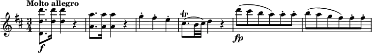 \relative c''' {
\override Score.NonMusicalPaperColumn #'line-break-permission = ##f
\tempo "Molto allegro"
\key d \major
\time 3/4
\tempo 4 = 130
<d d, d,>8.\f <d d,>16 q4 r |
<a a,>8. q16 q4 r |
g4-. fis-. e-. |
cis8.\trill( b32 cis) d4 r |
d'8\fp( cis b a) a-. a-. |
b8( a g fis) fis-. fis-. |
}