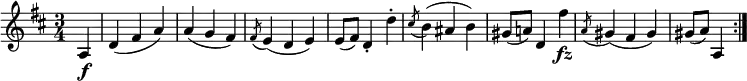 \relative a {
\key d \major \time 3/4
\partial 4 a4 \f
d4( fis a)
a4( g fis)
\acciaccatura fis8 e4( d e)
e8( fis) d4-. d'-.
\acciaccatura cis8 b4( ais b)
gis8( a!) d,4 fis' \fz
\acciaccatura a,8 gis4( fis gis)
gis8( a) a,4 \bar ":|."
}