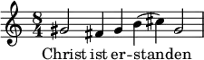 \relative c'' { \key c \major \time 8/4 gis2 fis4 gis b( cis) gis2 } \addlyrics {Christ ist er -- stan -- den }