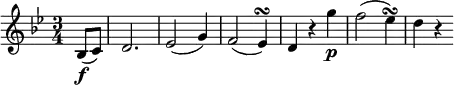 \relative bes {
\key bes \major \time 3/4
\partial 4 bes8(\f c) d2. es2( g4) f2( es4) \turn
d4 r g'4 \p f2( es4) \turn d4 r
}