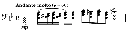 \relative c { \clef bass \time 4/4 \set Staff.midiInstrument = #"french horn" \tempo "Andante molto" 4=66 \key bes \major <d bes g>2->\mp <bes' g d>16( <a fis ees> <bes g d> <a fis ees> <bes g d>8) <bes g d> | <d bes g>-- <cis a ees>-- <d bes g>-- <bes g d>-- <c f, c>2-> |}
