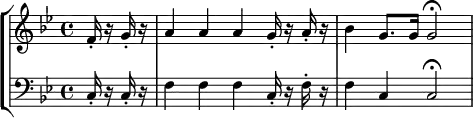 \new StaffGroup <<
\new Staff { \set Staff.midiInstrument = #"french horn"
\new Voice
\relative c'
{ \set Staff.midiInstrument = #"french horn" \key bes \major \clef "treble" \partial 4
f16-. r g-. r a4 a a g16-. r a-. r bes4 g8. g16 g2 \fermata \bar "|" } }
\new Staff { \set Staff.midiInstrument = #"french horn"
\new Voice
\relative c
{ \set Staff.midiInstrument = #"french horn" \key bes \major \clef "bass" \partial 4
c16-. r c-. r f4 f f c16-. r f-. r f4 c4 c2 \fermata \bar "|" } } >>