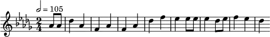 \relative c'' {
\set Staff.midiInstrument = #"piano"
\tempo 2 = 105
\key des \major
\time 2/4
\partial 4 as8 as des4 as f as f as des f es es8 es es4 des8 es f4 es des
}