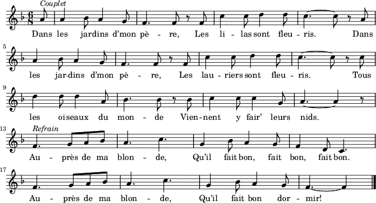 \new Staff {
\relative c'' {
\key f \major
\numericTimeSignature
\time 6/8
\partial 8
a8^ \markup { \italic Couplet }
a4 bes8 a4 g8
f4. f8 r f
c'4 c8 d4 d8
c4. ~ c8 r a \break
a4 bes8 a4 g8
f4. f8 r f
c'4 c8 d4 d8
c4. ~ c8 r c \break
d4 d8 d4 a8
bes4. bes8 r bes
c4 c8 c4 g8
a4. ~ a4 r8 \break
f4.^ \markup { \italic Refrain } g8 a bes
a4. c
g4 bes8 a4 g8
f4 d8 c4. \break
f g8 a bes
a4. c
g4 bes8 a4 g8
f4. ~ f4 \bar "|."
} }
\addlyrics {
\lyricmode {
Dans les jar -- dins d’mon pè -- re,
Les li -- las sont fleu -- ris.
Dans les jar -- dins d’mon pè -- re,
Les lau -- riers sont fleu -- ris.
Tous les oi -- seaux du mon -- de
Vien -- nent y fair’ leurs nids.
Au -- près de ma blon -- de,
Qu’il fait bon, fait bon, fait bon.
Au -- près de ma blon -- de,
Qu’il fait bon dor -- mir!
} }
\midi {
\context {
\Score
tempoWholesPerMinute = #(ly:make-moment 360 8)
}
}
