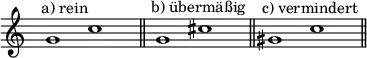 \relative c { \override Staff.TimeSignature #'stencil = ##f \key c \major \time 5/2 \clef "treble" s4^"a) rein" g''1 c s4 \bar "||" s^"b) übermäßig" g1 cis s4 \bar "||" s^"c) vermindert" gis1 c s4 \bar "||" }