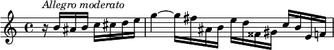 {
\clef violin \key c \major \time 4/4 \tempo 4 = 80
\set Score.tempoHideNote = ##t
\partial 2 r16^\markup{\italic{Allegro moderato}} b' ais' b' c'' cis'' d'' e''
g''4~ g''16 fis'' ais' b' e'' d'' fisis' gis' c'' b' e' f'
}