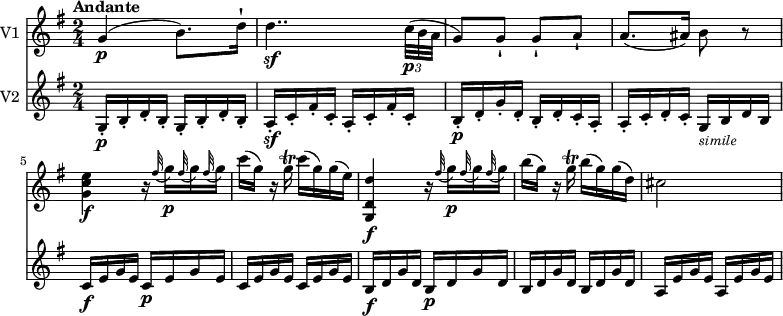 <<
\new Staff \with { instrumentName = #"V1 "} \relative c'' {
\version "2.18.2"
\key g \major
\tempo "Andante"
\time 2/4
\tempo 4 = 50
g4\p (b8.) d16-!
d4..\sf \tuplet 3/2 {c32\p (b a} g8) g-! g-! a-!
a8. (ais16) b8 r8
<g c e>4\f r16 \grace fis'32 (g16)\p \grace fis32 (g16) \grace fis32 (g16)
c (g) r16 g\trill c (g) g (e)
<g,, d' d'>4\f r16 \grace fis''32 (g16)\p \grace fis32 (g16) \grace fis32 (g16)
b (g) r16 g\trill b (g) g (d)
cis2
}
\new Staff \with { instrumentName = #"V2 "} \relative c'' {
\key g \major
\time 2/4
g,16-.\p b-. d-. b-. g-. b-. d-. b-.
a-.\sf c-. fis-. c-. a-. c-. fis-. c-.
b-.\p d-. g-. d-. b-. d-. c-. a-.
a-. c-. d-. c-. g_\markup{\italic \small simile} b d b
c\f e g e c\p e g e
c e g e c e g e
b\f d g d b\p d g d
b d g d b d g d
a e' g e a, e' g e
}
>>