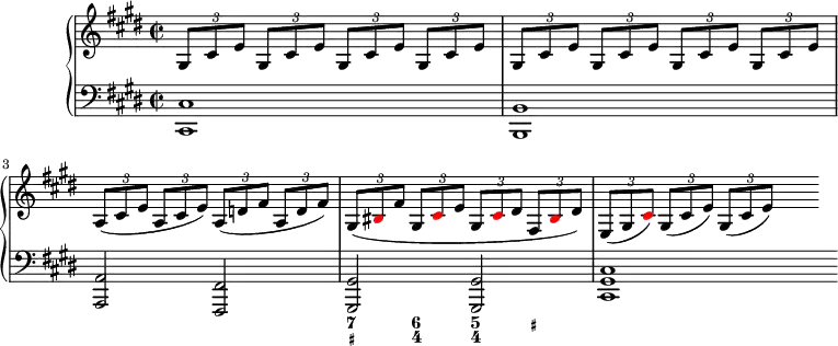 \version "2.14.2"
\header {tagline = ##f}
upper = \relative c' {
\clef treble
\key cis \minor
\time 2/2
\tempo 8 = 110
\set Timing.beamExceptions = #'()
\set Timing.baseMoment = #(ly:make-moment 1/4)
\set Timing.beatStructure = 1,1,1,1
{
\tupletSpan 4
\tuplet 3/2 { gis8 cis e gis, cis e gis, cis e gis, cis e gis, cis e gis, cis e gis, cis e gis, cis e
a,( cis e a, cis e) a,( d fis a, d fis) gis,( \tweak NoteHead.color #red bis fis' gis, \tweak NoteHead.color #red cis e gis, \tweak NoteHead.color #red cis dis fis, \tweak NoteHead.color #red bis dis) e,( gis \tweak NoteHead.color #red cis) gis (cis e) gis, (cis e) s4 \once \override Score.BarLine.break-visibility = #'#(#f #t #t) }
}
}
lower = \relative c {
\clef bass
\key cis \minor
{ <cis cis,>1 <b b,> <a a,>2 <fis fis,> <gis gis,> <gis gis,> <cis gis cis,>1 \once \override Score.BarLine.break-visibility = #'#(#f #t #t) }
}
\score {
\new PianoStaff <<
\new Staff = "upper" \upper
\new Staff = "lower" \lower
\new FiguredBass {\figuremode
{ r1 r r <7 _+>4 <6 4> <5 4> <_+>}
}
>>
\layout {
\context {
\Score
\remove "Metronome_mark_engraver"
}
}
\midi { }
}