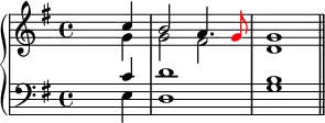 \version "2.14.2"
\header {
tagline = ##f
}
upper = \relative c'' {
\key g \major
\time 4/4
\tempo 2 = 54
<<
{
\voiceOne
s2. c4 b2 a4. \tweak NoteHead.color #red \tweak Stem.color #red g8 g1 \bar "||" }
\new Voice {
\voiceTwo
s2. g4 g2 fis d1 }
>>
}
lower = \relative c' {
\clef bass
\key g \major
\time 4/4
<<
{
\voiceOne
s2. c4 d1 b }
\new Voice {
\voiceTwo
s2. e,4 d1 g }
>>
}
\score {
\new PianoStaff <<
\new Staff = "upper" \upper
\new Staff = "lower" \lower
>>
\layout {
\context {
\Score
\remove "Metronome_mark_engraver"
}
}
\midi { }
}