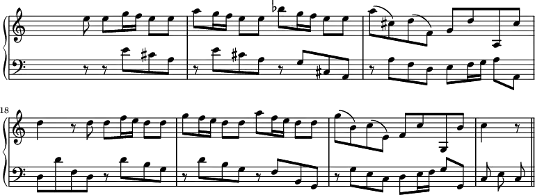 \new PianoStaff <<
\new Staff <<
\set Score.tempoHideNote = ##t
\tempo 2 = 58
\override Staff.TimeSignature.transparent = ##t
\set Score.currentBarNumber = #15
\relative c''
{ s4. e8 e g16 f e8 e a g16 f e8 e bes' g16 f e8 e a ( cis,) d ( f,) g d' a, cis' d4 r8 d d f16 e d8 d g f16 e d8 d a' f16 e d8 d g ( b,) c ( e,) f c' g, b' c4 r8 \bar "||" }
>>
\new Staff <<
\override Staff.TimeSignature.transparent = ##t
\clef "bass"
\relative c' { s4. r8 r e cis a r e' cis a r g cis, a r a' f d e f16 g a8 a, d d' f, d r d' b g r d' b g r f b, g r g' e c d e16 f g8 g, c e c }
>>
>>