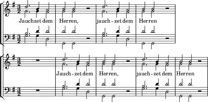 <<
\new StaffGroup <<
\new Staff \with { \consists "Merge_rests_engraver" } { \clef treble \time 3/2 \key g \major
\set Staff.midiInstrument = "choir aahs"
\set Staff.midiMinimumVolume = #0.7
\set Staff.midiMaximumVolume = #1.0
\relative c'
<< { d'2. b4 a2 b b r d2. b4 a2 b b r } \\
{ g2. g4 fis2 g g r g2. g4 fis2 g g r } >>
}
\addlyrics { Jauch -- zet dem Her -- ren, jauch -- zet dem Her -- ren }
\new Staff \with { \consists "Merge_rests_engraver" } { \clef bass \key g \major \set Staff.midiInstrument = "choir aahs"
\relative c'
<< { b2. d4 d2 d d r b2. d4 d2 d d r } \\
{ g,2. g4 d2 g, g r g'2. g4 d2 g, g r } >>
}
>>
\new StaffGroup <<
\new Staff \with { \consists "Merge_rests_engraver" } { \clef treble \time 3/2 \key g \major
\set Staff.midiInstrument = "choir aahs"
\set Staff.midiMinimumVolume = #0.2
\set Staff.midiMaximumVolume = #0.5
\relative c'
<< { R1. d'2. b4 a2 b b r d2. b4 a2 b b r } \\
{ R1. g2. g4 fis2 g g r g2. g4 fis2 g g r } >>
}
\addlyrics { Jauch -- zet dem Her -- ren, jauch -- zet dem Her -- ren }
\new Staff \with { \consists "Merge_rests_engraver" } { \clef bass \key g \major \set Staff.midiInstrument = "choir aahs"
\relative c'
<< { R1. b2. d4 d2 d d r b2. d4 d2 d d r } \\
{ R1. g,2. g4 d2 g, g r g'2. g4 d2 g, g r } >>
}
>> >>
\layout { indent = #0 }
\midi { \tempo 2 = 140 }
