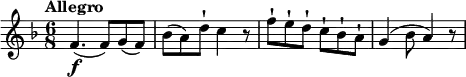
\relative c'{
  \version "2.18.2"
  \tempo "Allegro"
  \key f \major
  \time 6/8
  \tempo 4 = 140
  f4.\f (f8)  g (f) bes (a) d-! c4 r8 f8-! e-! d-! c-! bes-! a-! g4 (bes8 a4) r8
}
