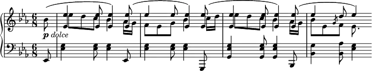 { \new PianoStaff <<
\new Staff {
<<
\relative bes' {
\key es \major \time 6/8 \partial 8 \set Score.tempoHideNote = ##t \tempo 8=100
\slurUp bes8( _\markup { \dynamic p \italic \whiteout dolce }
\stemUp <es, es'>4 <es es'>8 <es es'>4) <es es'>8(
es'4 es8 <es, es'>4) <es es'>8(
<es es'>4 <es es'>8 <es es'>4) <es es'>8(
es'4 d8 es4)
}
\relative bes' {
\key es \major \time 6/8 \partial 8 \stemDown \dotsDown s8
\once \override NoteColumn.force-hshift = #1.7 es8 d c bes4 as16 g
f8 es g bes4 \once \override NoteColumn.force-hshift = #1.4 c16 d
\once \override NoteColumn.force-hshift = #1.7 es8 d c bes4 as16 g
bes8 es, \once \override Stem.length = #5 \slashedGrace g8 f es8.
}
>>
}
\new Staff \relative es, {
\clef bass \key es \major \time 6/8 \partial 8 es8
<es' g>4 <es g>8 <es g>4 es,8
<es' g>4 <es g>8 <es g>4 g,,8
<g' es' g>4 <g es' g>8 <g es' g>4 bes,8
<bes' g'>4 <bes as'>8 <es g>4
}
>>
}