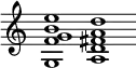 {
\override Staff.TimeSignature #'stencil = ##f
\cadenzaOn
<g f' g' b' e''>1 <a d' fis' a' d''>
\cadenzaOff
}