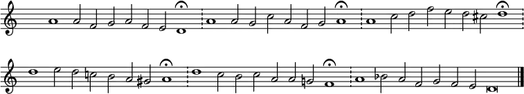 { \key c \major
\time 64/2
\set Score.tempoHideNote = ##t
\tempo 2=100
\set Staff.midiInstrument = "english horn"
\override Score.TimeSignature #'transparent = ##t
\override Score.BarNumber #'transparent = ##t
a'1 a'2 f' g' a' f' e' d'1\fermata \bar "!" a'1 a'2 g' c'' a' f' g' a'1\fermata \bar "!" a' c''2 d'' f'' e'' d'' cis'' d''1\fermata \bar "!" d''
e''2 d'' c'' b' a' gis' a'1\fermata \bar "!" d'' c''2 b' c'' a' a' g' f'1\fermata \bar "!" a' bes'2 a' f' g' f' e' d'\breve\bar "|."}