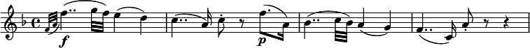 \relative f' {
\key f \major \time 4/4
\grace { f32( a } f'4..)( \f g32 f) e4( d)
c4..( a16) c8-. r f8.( \p a,16)
bes4..( c32 bes) a4( g)
f4..( c16) a'8-. r r4
}