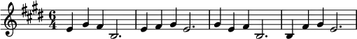 \relative c' {\time 6/4 \key e \major e4 gis fis b,2. | e4 fis gis e2. | gis4 e fis b,2. | b4 fis' gis e2. }