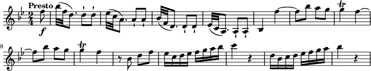 
\relative c'' {
  \version "2.18.2"
  \key bes \major
  \time 2/4
  \tempo "Presto"
  \tempo 4 = 120
  \partial 8 f8\f bes32 (f d8.) d8-! d-!
  ees32 (c a8.) a8-! a-!
  bes32 (f d8.) d8-! d-!
  ees32 (c a8.) a8-! a-!
  bes4 f'' ~
  f8 bes a g
  g4\trill f ~
  f8  bes a g
  g4\trill f
  r8 bes, d f
  ees16 c d ees f g a bes
  c4 r
  d,16 bes c d ees f g a
  bes4 r
}
