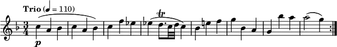 \relative c' {
\version "2.18.2"
\key f \major
\time 3/4
\tempo "Trio" 4 = 110
c'4\p (a bes c a bes)
c f ees
ees (d8.\trill c32 d c4)
bes e! f
g bes, a
g bes' a
a2 (g4) \bar ":|."
}