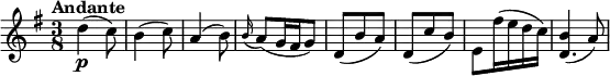 \relative c'' {
\version "2.18.2"
\key g \major
\numericTimeSignature
\time 3/8
\tempo "Andante"
\tempo 4 = 60
d4\p^ (c8)
b4 (c8)
a4 (b8)
\grace b16 (a8) (g16 fis g8)
d (b' a)
d, (c' b)
e, fis'16 (e d c)
<<\relative {b'4 (a8) }\relative {d'4.}>>
}