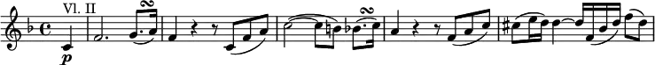 { \relative c' { \key f \major \time 4/4
\partial 4 c4 \p ^"Vl. II" | f2. g8.( ^\markup { " " \musicglyph #"scripts.turn" } a16)
f4 r r8 c( f a) | c2~( c8 b) bes8.( ^\markup { " " \musicglyph #"scripts.turn" } c16)
a4 r r8 f( a c) | cis8( e16 d) d4~ d16 f,( bes d) f8( d) }}
\layout { \context {\Score \override SpacingSpanner.common-shortest-duration = #(ly:make-moment 1/8) }}