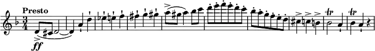 {
\new PianoStaff <<
\new Staff \relative d' {
\set Staff.midiInstrument = #"string ensemble 1" \key d \minor \clef treble \time 3/4 \set Score.tempoHideNote = ##t \tempo "Presto" 4 = 250
d8 \ff ( -> cis8 d2 ~ | % 2
d4 ) a'4 -! d4 -! | % 3
es4 -! e4 -! f4 -! | % 4
fis4 -! g4 -! gis4 -! | % 5
a8 ( -> gis8 a4 ) bes8 c8 | % 6
d8 -. e8 -. f8 -. e8 -. d8 -. c8 -. | % 7
bes8 -. a8 -. g8 -. f8 -. e8 -. d8 -. | % 8
cis4 -> c4 -> b4 -> | % 9
bes2 \trill a4 -! |
bes4 \trill a4 -! r4
}
>>
}